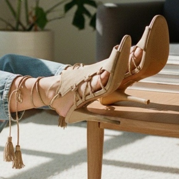 Aquazzura Shoes - Aquazzura Firenze Lace Up Heels Tassel Suede Beige Sandals - Size 37.5